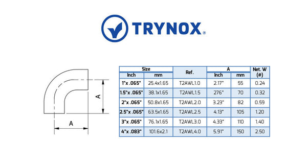 Trynox Sanitary 3A 90° Welding Elbow (With Straight Ends)